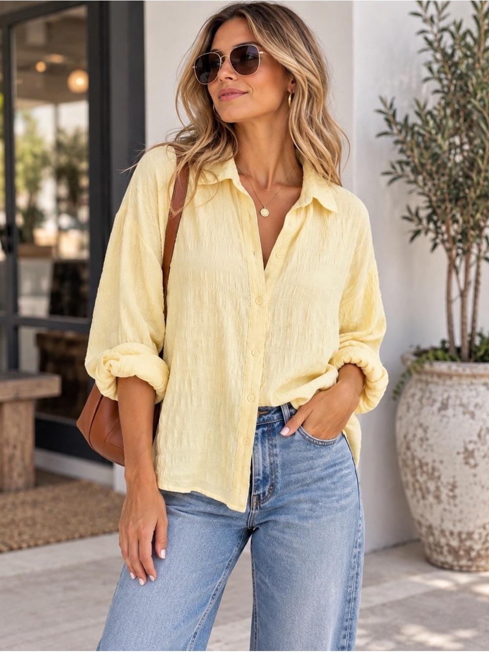 Crinkled Oversized Button-Up Shirt PTP 27”